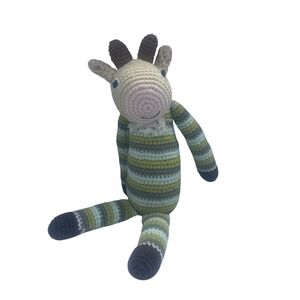 Pebble Child Handmade Crochet Goat Plush Green‎ Blue 100% Cotton 12" Rattle